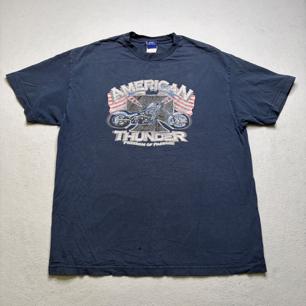 Basic Editions T-Shirt Mens XL Blue American Thunder Vintage‎ Distressed Graphic